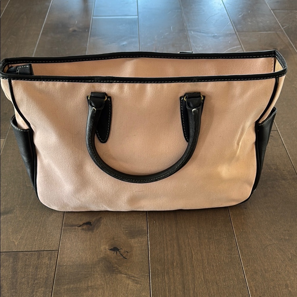 NWOT T. Anthony canvas tote in light pink with black leather trim